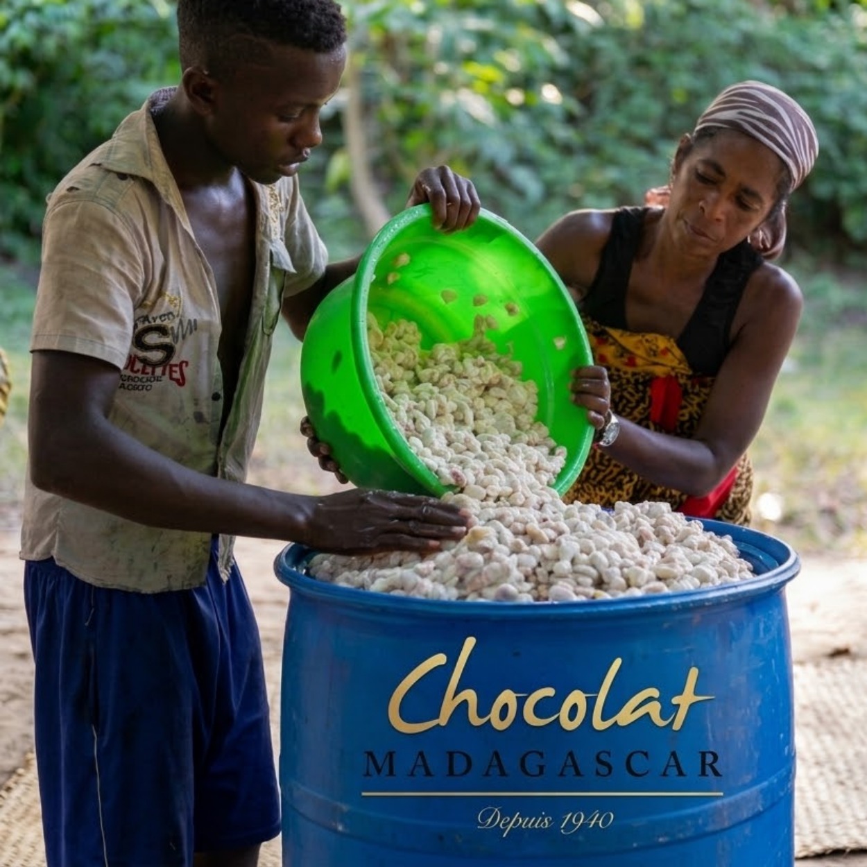 Muž a žena na Madagaskaru přesypávají čerstvé kakaové boby obalené bílou dužinou do nádoby.